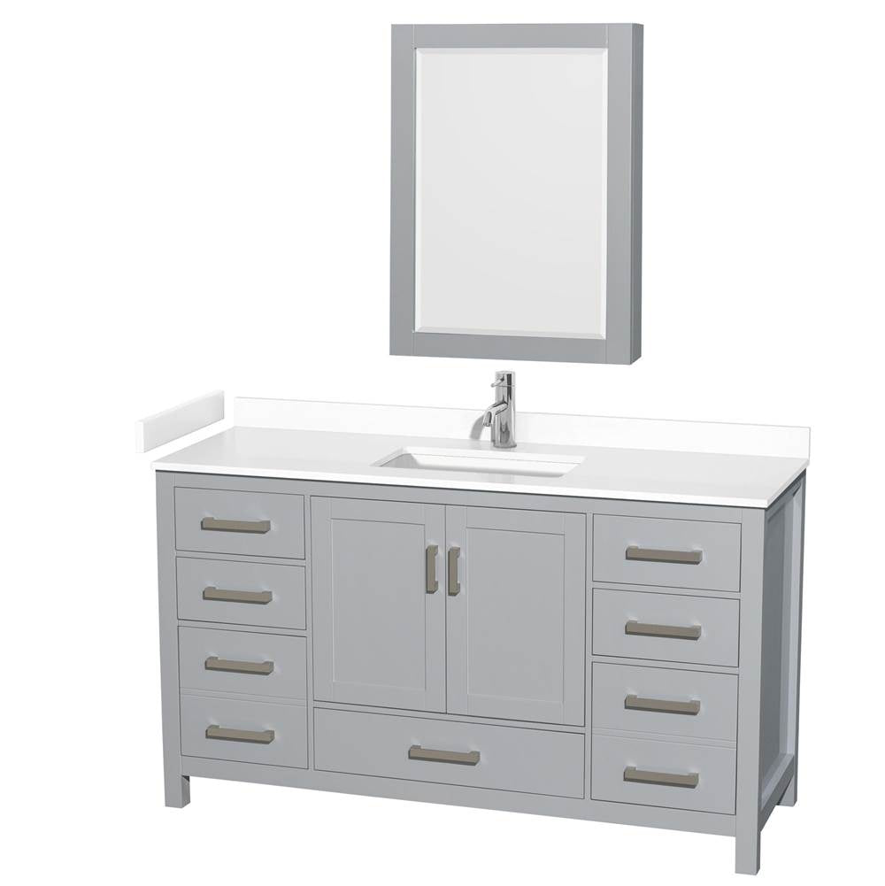Wyndham Collection - Sheffield 60 Inch Single Bathroom Vanity in Gray, White Cultured Marble Countertop, Undermount Square Sink, Medicine Cabinet