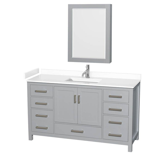 Wyndham Collection - Sheffield 60 Inch Single Bathroom Vanity in Gray, White Cultured Marble Countertop, Undermount Square Sink, Medicine Cabinet