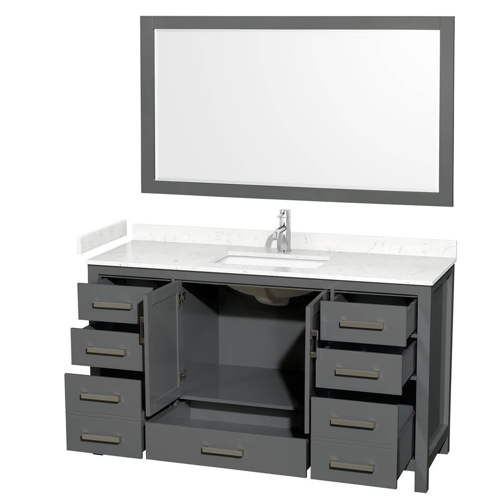 Sheffield 60 Inch Single Bathroom Vanity in Dark Gray, Carrara Cultured Marble Countertop, Undermount Square Sink, 58 Inch Mirror