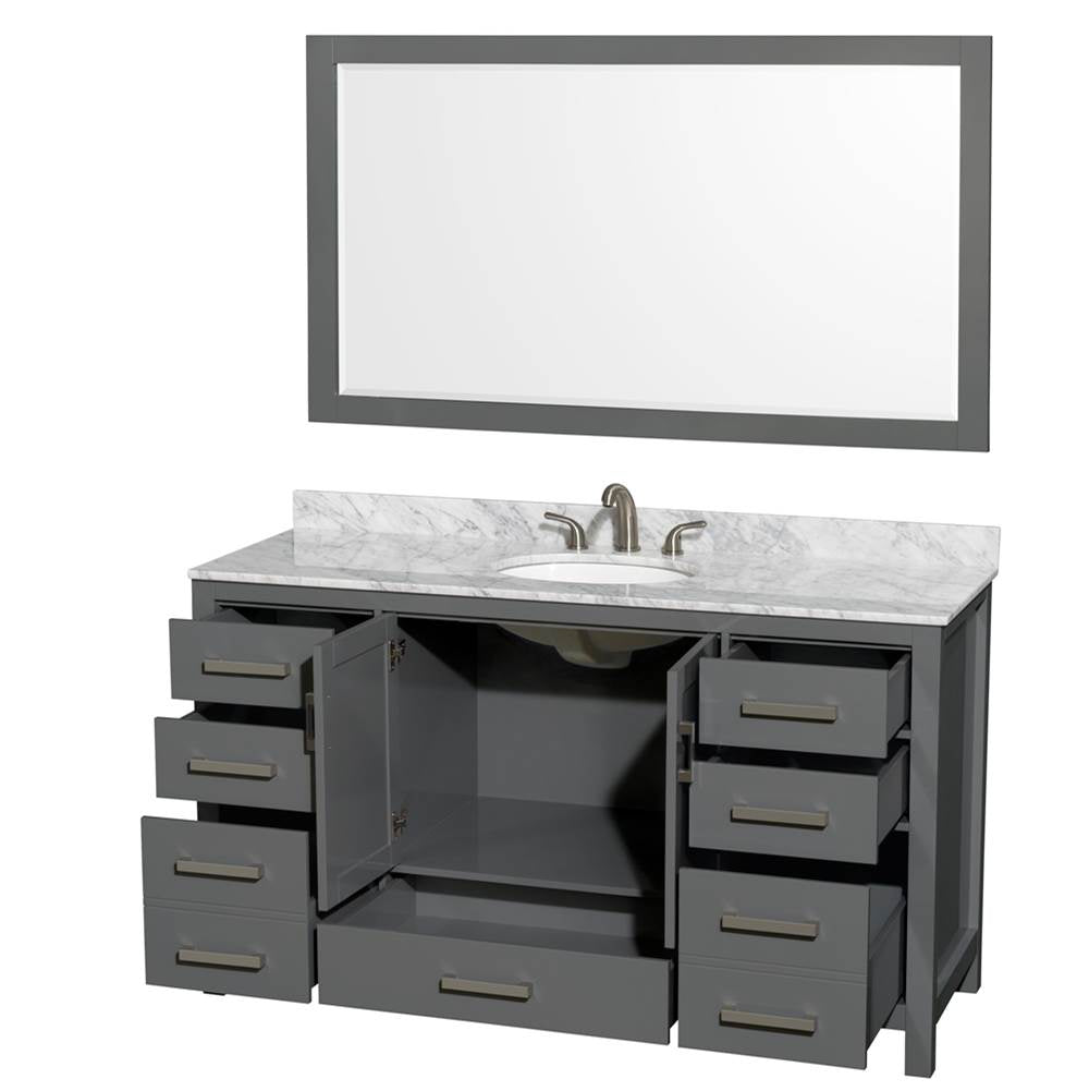 Sheffield 60 Inch Single Bathroom Vanity in Espresso, White Carrara Marble Countertop, Undermount Oval Sink, and 58 Inch Mirror