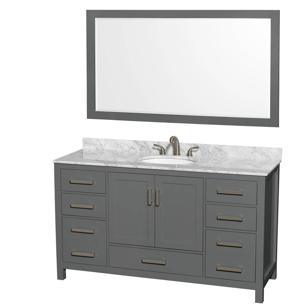 Wyndham Collection - Sheffield 60 Inch Single Bathroom Vanity in Dark Gray, White Carrara Marble Countertop, Undermount Oval Sink, and 58 Inch Mirror - Dark Gray