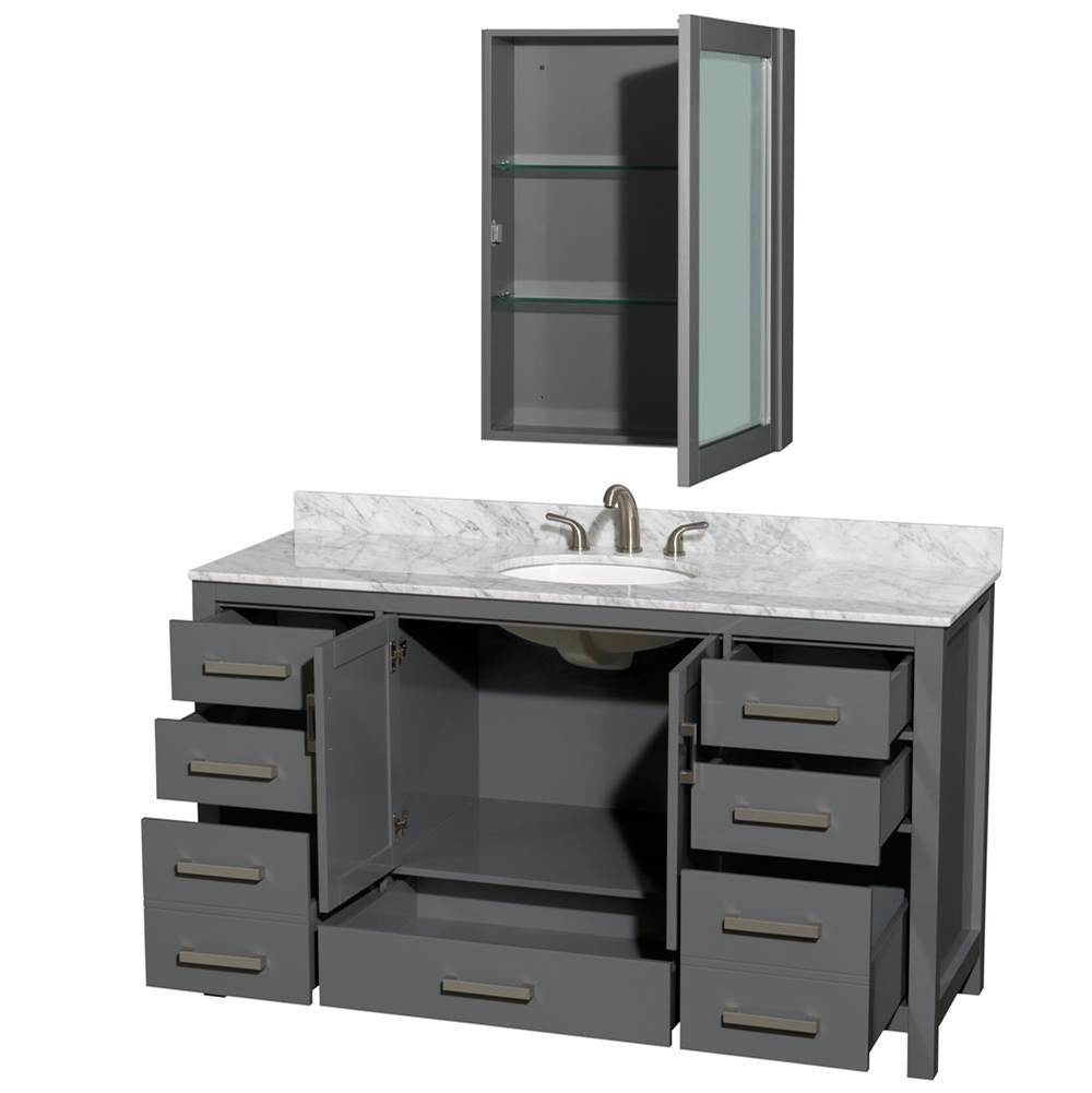Sheffield 60 Inch Single Bathroom Vanity in Espresso, White Carrara Marble Countertop, Undermount Oval Sink, and Medicine Cabinet