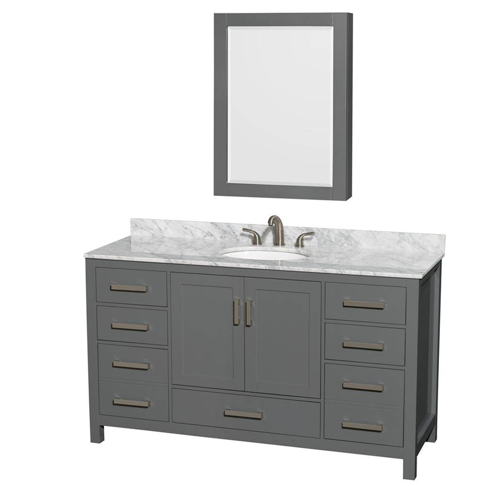 Wyndham Collection - Sheffield 60 Inch Single Bathroom Vanity in Dark Gray, White Carrara Marble Countertop, Undermount Oval Sink, and Medicine Cabinet - Dark Gray