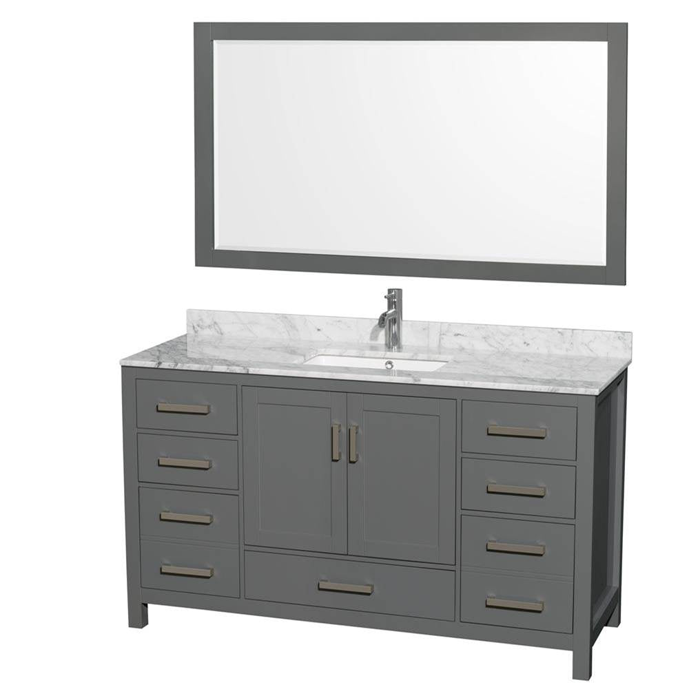 Wyndham Collection - Sheffield 60 Inch Single Bathroom Vanity in Dark Gray, White Carrara Marble Countertop, Undermount Square Sink, and 58 Inch Mirror - Dark Gray