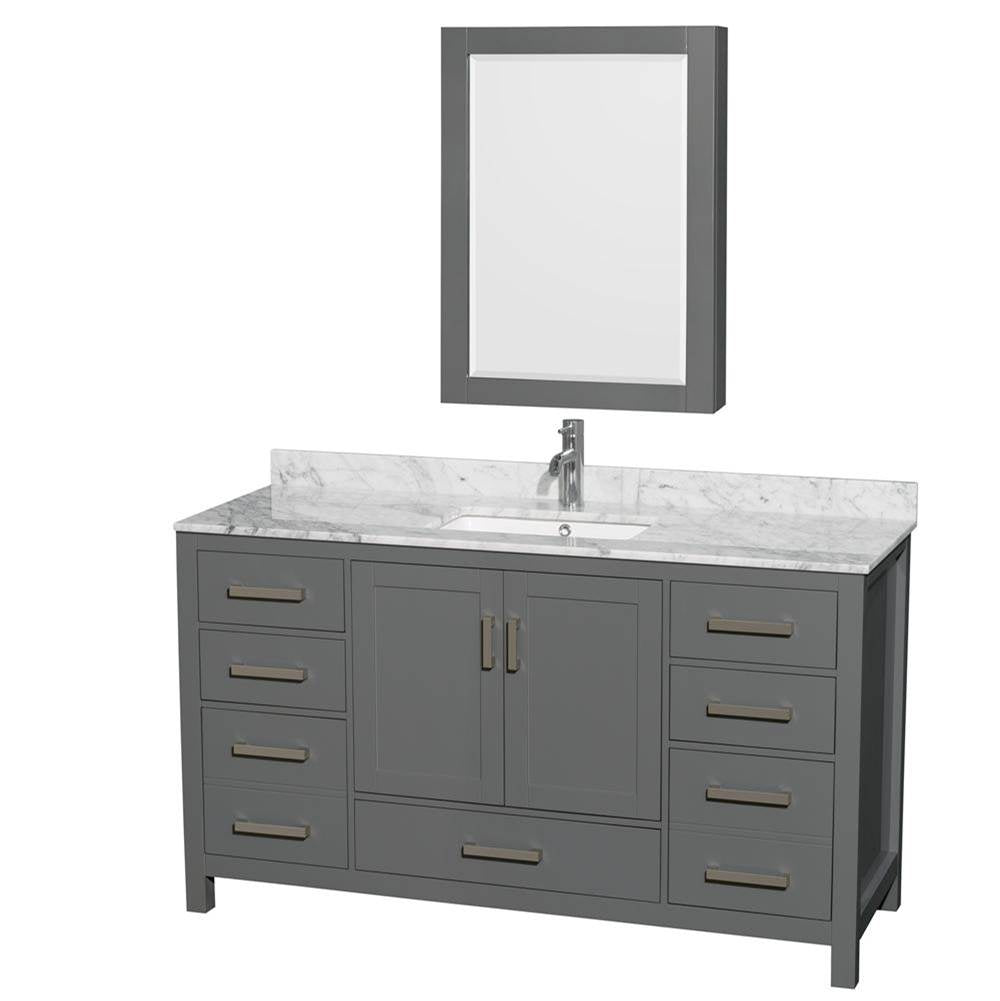 Wyndham Collection - Sheffield 60 Inch Single Bathroom Vanity in Dark Gray, White Carrara Marble Countertop, Undermount Square Sink, and Medicine Cabinet - Dark Gray
