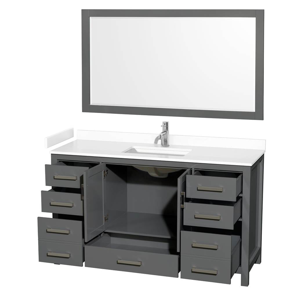 Sheffield 60 Inch Single Bathroom Vanity in Dark Gray, White Cultured Marble Countertop, Undermount Square Sink, 58 Inch Mirror