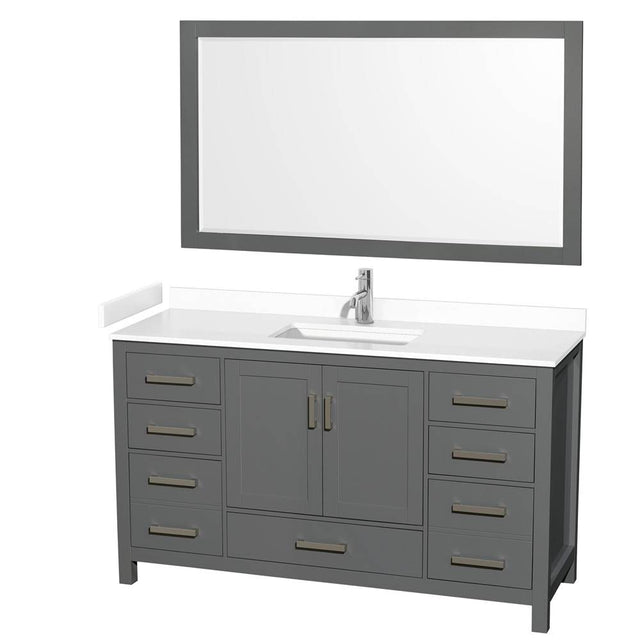 Wyndham Collection - Sheffield 60 Inch Single Bathroom Vanity in Dark Gray, White Cultured Marble Countertop, Undermount Square Sink, 58 Inch Mirror