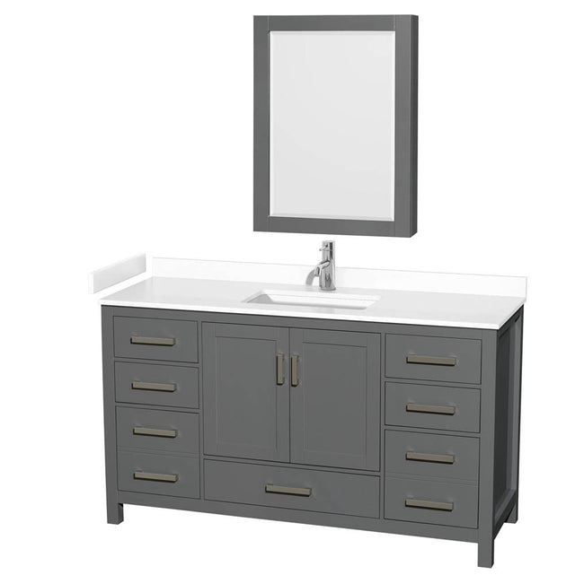 Wyndham Collection - Sheffield 60 Inch Single Bathroom Vanity in Dark Gray, White Cultured Marble Countertop, Undermount Square Sink, Medicine Cabinet