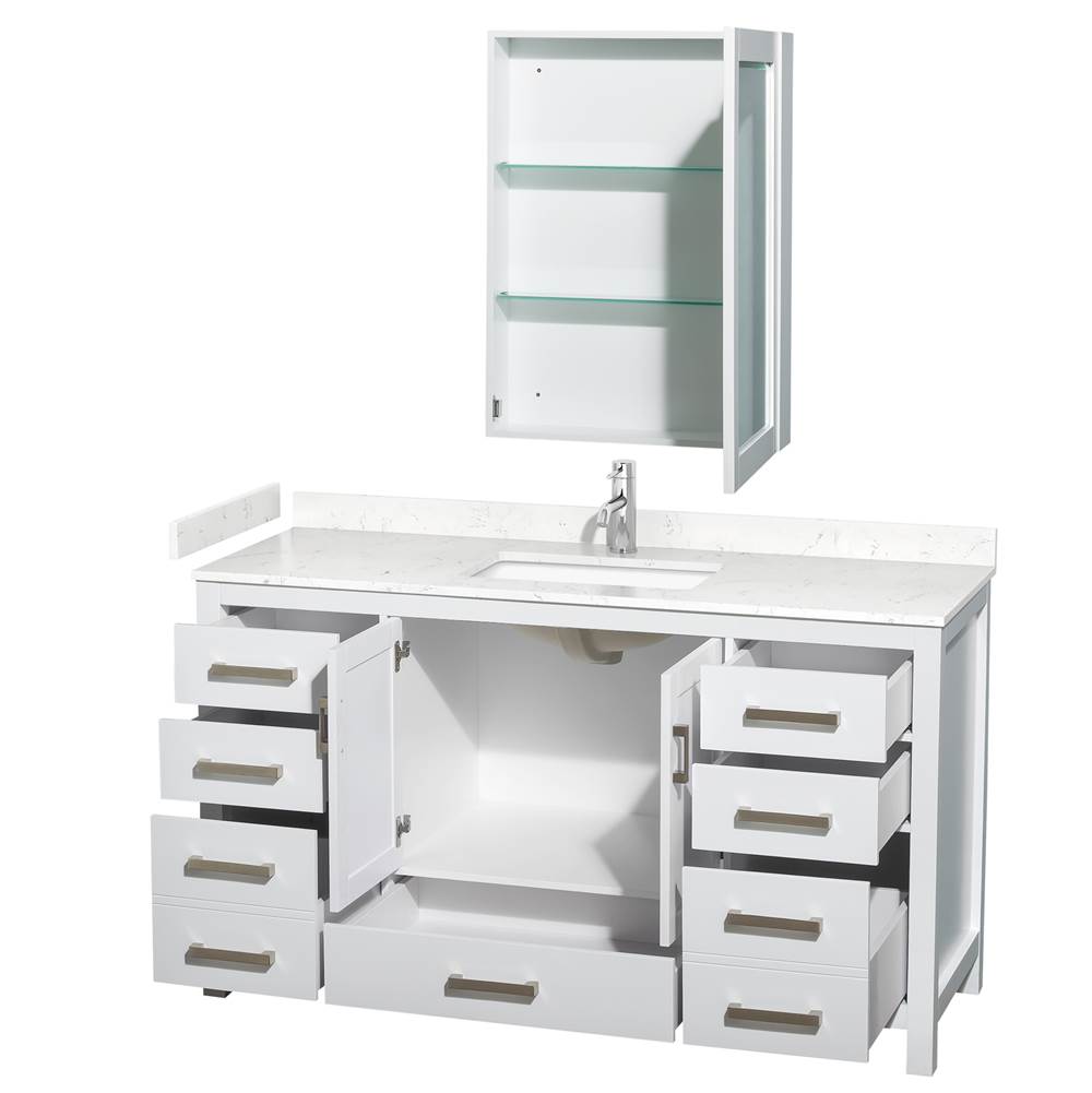 Sheffield 60 Inch Single Bathroom Vanity in White, Carrara Cultured Marble Countertop, Undermount Square Sink, Medicine Cabinet