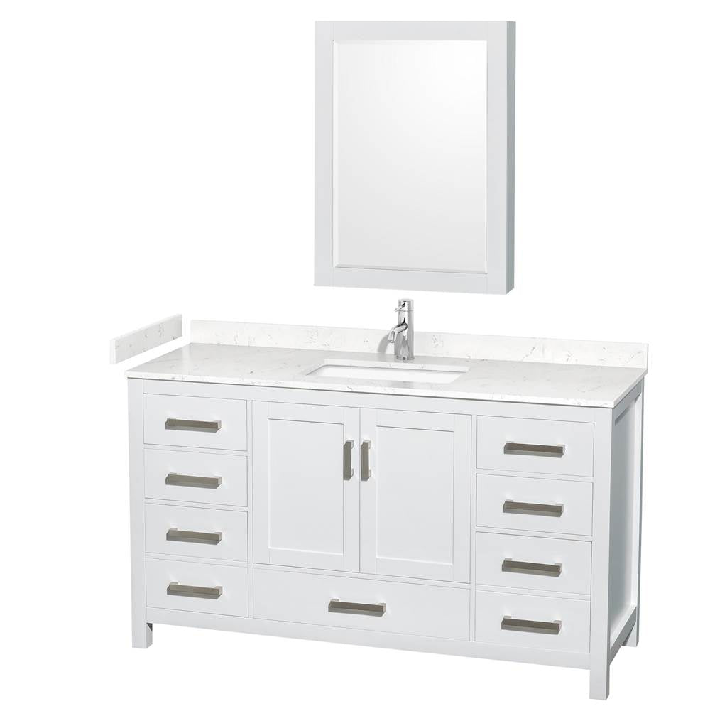 Wyndham Collection - Sheffield 60 Inch Single Bathroom Vanity in White, Carrara Cultured Marble Countertop, Undermount Square Sink, Medicine Cabinet