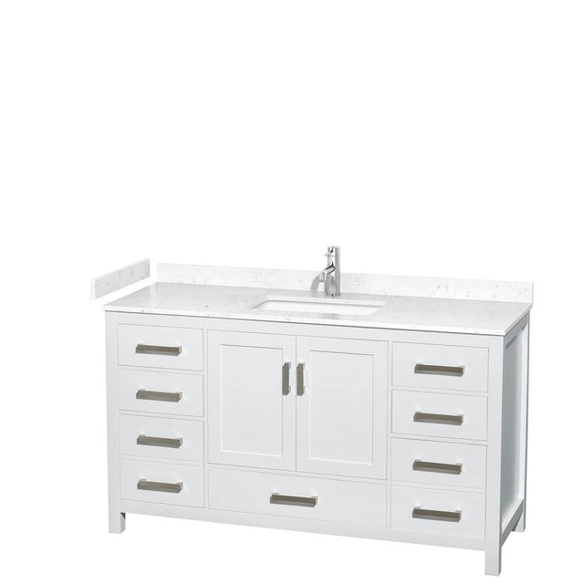 Wyndham Collection - Sheffield 60 Inch Single Bathroom Vanity in White, Carrara Cultured Marble Countertop, Undermount Square Sink, No Mirror