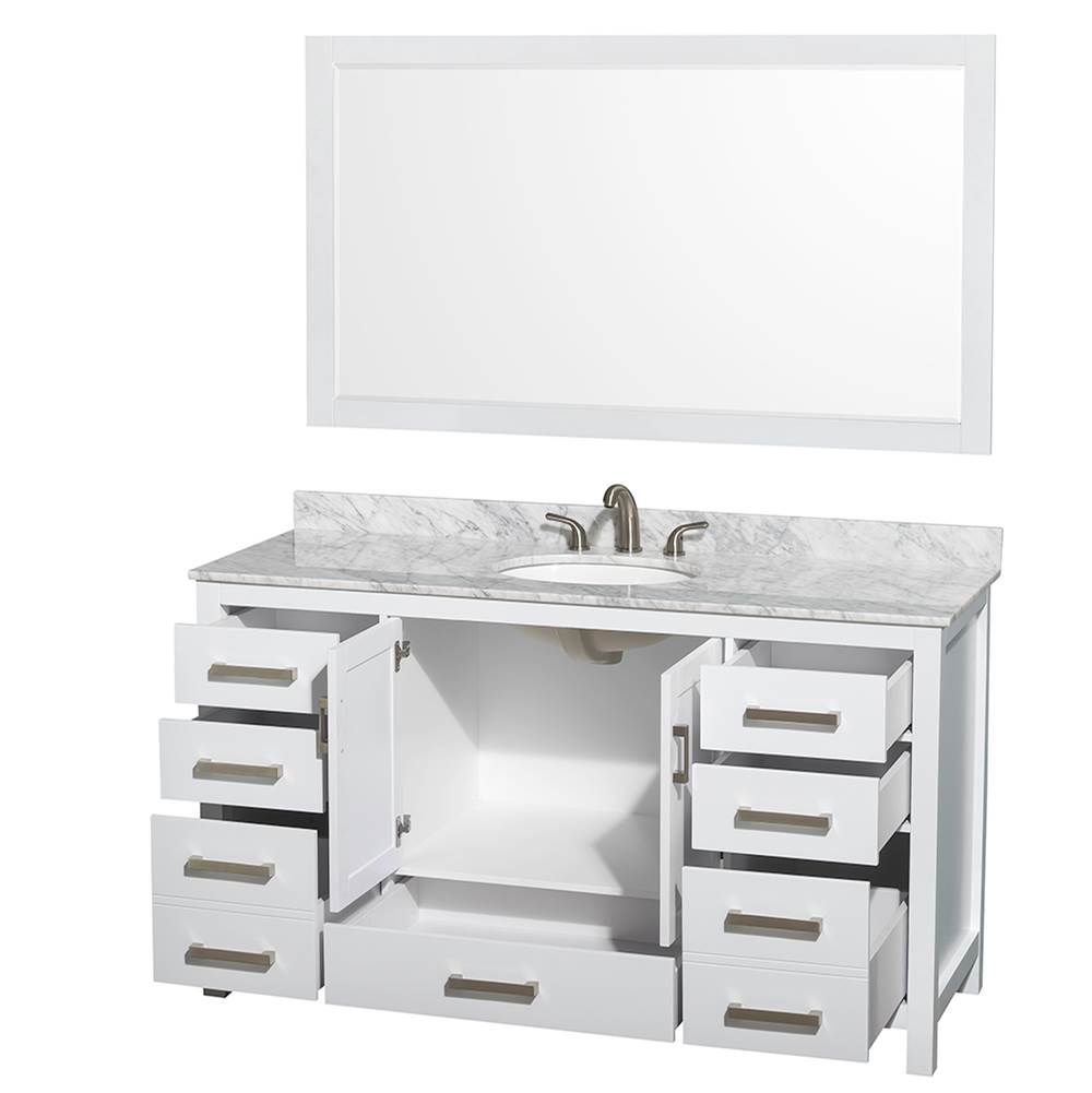 Sheffield 60 Inch Single Bathroom Vanity in Espresso, White Carrara Marble Countertop, Undermount Oval Sink, and 58 Inch Mirror