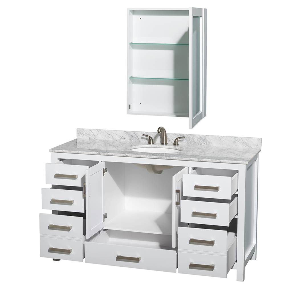 Sheffield 60 Inch Single Bathroom Vanity in Espresso, White Carrara Marble Countertop, Undermount Oval Sink, and Medicine Cabinet