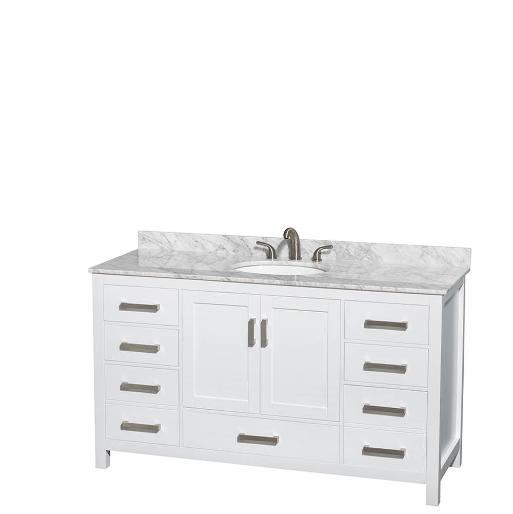Sheffield 60 Inch Single Bathroom Vanity in Espresso, White Carrara Marble Countertop, Undermount Oval Sink, and 58 Inch Mirror