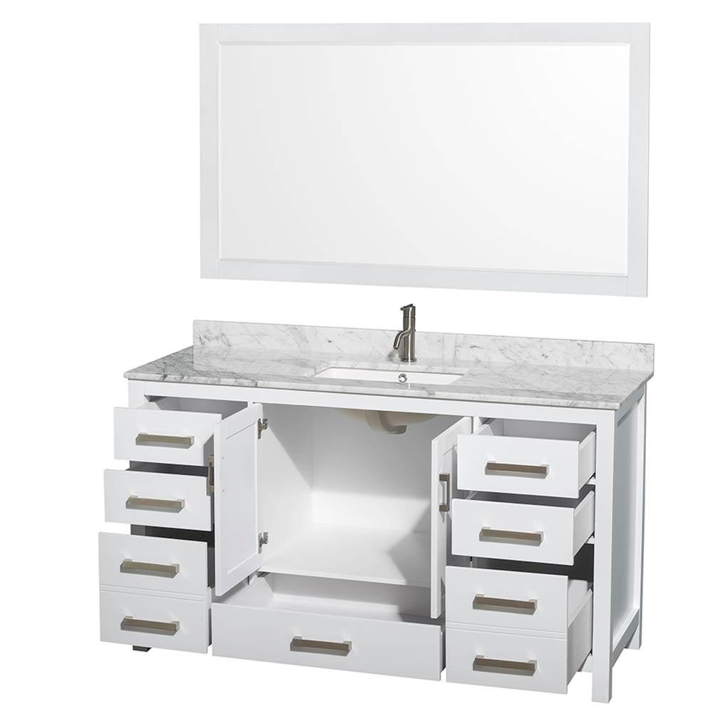 Sheffield 60 Inch Single Bathroom Vanity in Espresso, White Carrara Marble Countertop, Undermount Square Sink, and 58 Inch Mirror