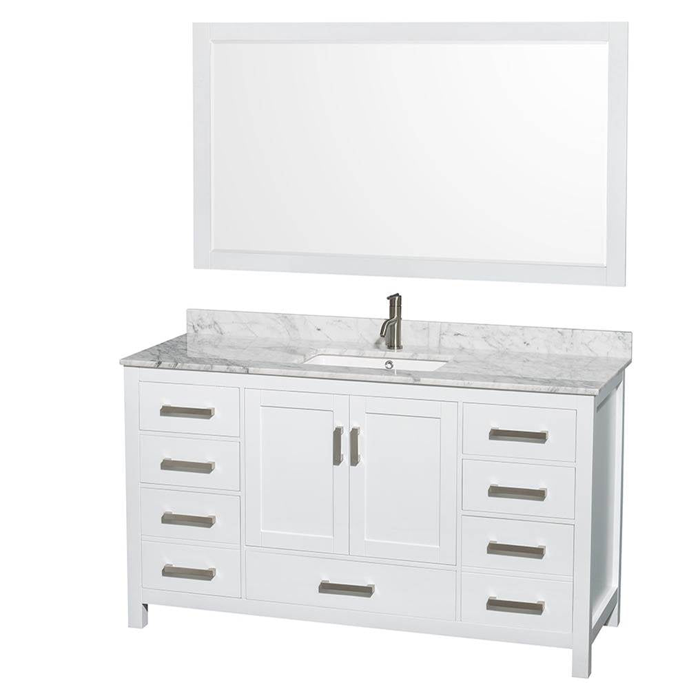 Wyndham Collection - Sheffield 60 Inch Single Bathroom Vanity in White, White Carrara Marble Countertop, Undermount Square Sink, and 58 Inch Mirror - White