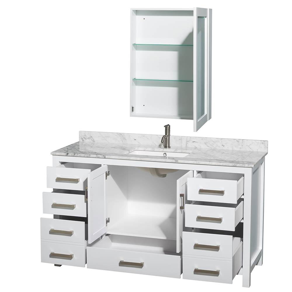 Sheffield 60 Inch Single Bathroom Vanity in Espresso, White Carrara Marble Countertop, Undermount Square Sink, and Medicine Cabinet