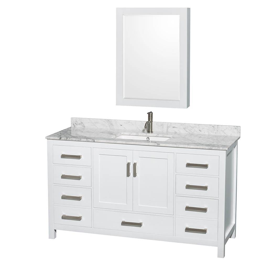Wyndham Collection - Sheffield 60 Inch Single Bathroom Vanity in White, White Carrara Marble Countertop, Undermount Square Sink, and Medicine Cabinet - White