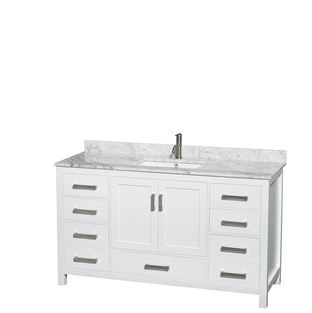Sheffield 60 Inch Single Bathroom Vanity in Espresso, White Carrara Marble Countertop, Undermount Square Sink, and 58 Inch Mirror
