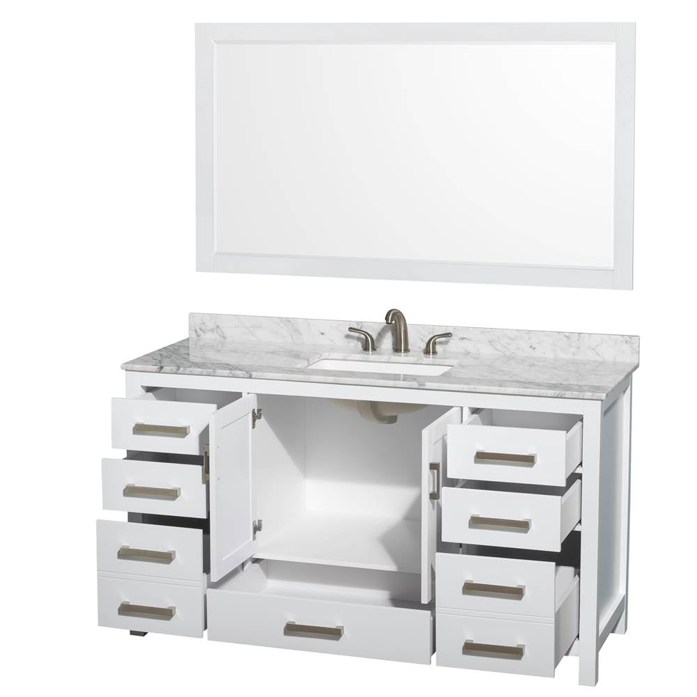 Sheffield 60 Inch Single Bathroom Vanity in White, White Carrara Marble Countertop, Undermount 3-Hole Square Sink, 58 Inch Mirror