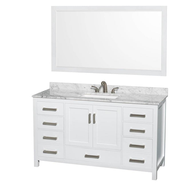 Wyndham Collection - Sheffield 60 Inch Single Bathroom Vanity in White, White Carrara Marble Countertop, Undermount 3-Hole Square Sink, 58 Inch Mirror - White
