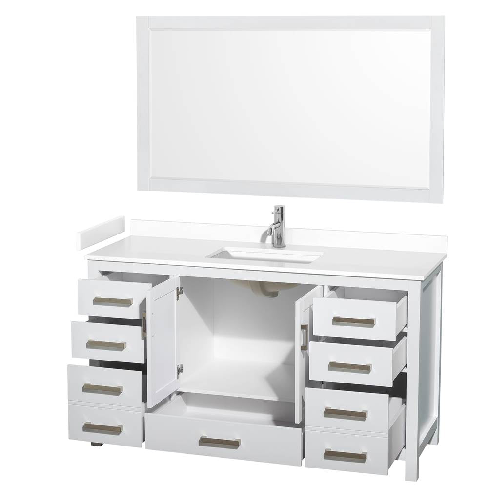 Sheffield 60 Inch Single Bathroom Vanity in White, White Cultured Marble Countertop, Undermount Square Sink, 58 Inch Mirror