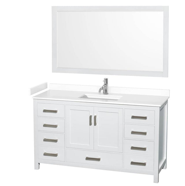 Wyndham Collection - Sheffield 60 Inch Single Bathroom Vanity in White, White Cultured Marble Countertop, Undermount Square Sink, 58 Inch Mirror