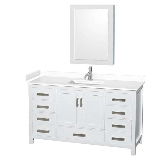 Wyndham Collection - Sheffield 60 Inch Single Bathroom Vanity in White, White Cultured Marble Countertop, Undermount Square Sink, Medicine Cabinet