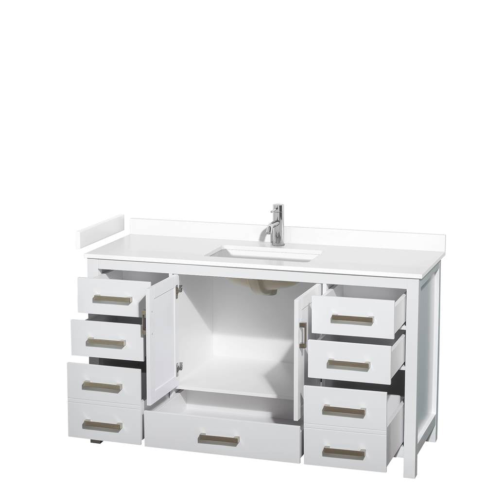 Sheffield 60 Inch Single Bathroom Vanity in White, White Cultured Marble Countertop, Undermount Square Sink, No Mirror