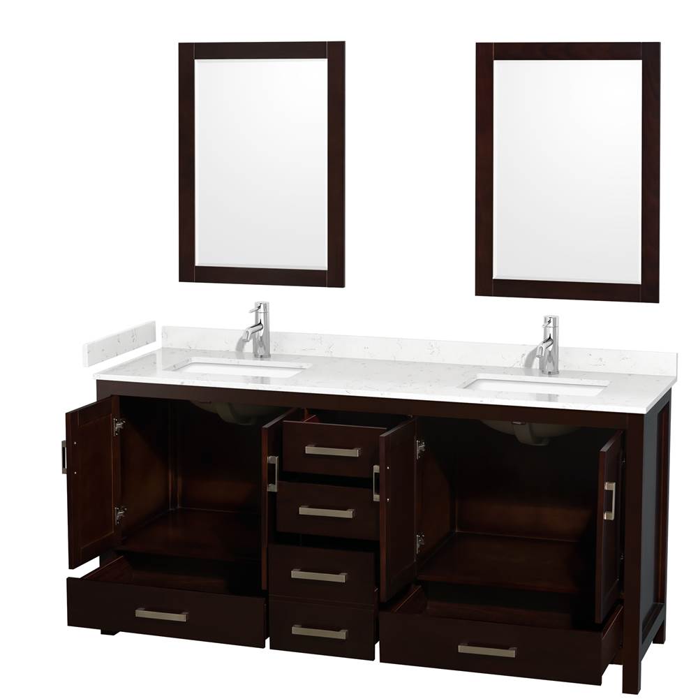 Sheffield 72 Inch Double Bathroom Vanity in Espresso, Carrara Cultured Marble Countertop, Undermount Square Sinks, 24 Inch Mirrors