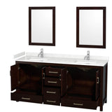 Sheffield 72 Inch Double Bathroom Vanity in Espresso, Carrara Cultured Marble Countertop, Undermount Square Sinks, 24 Inch Mirrors
