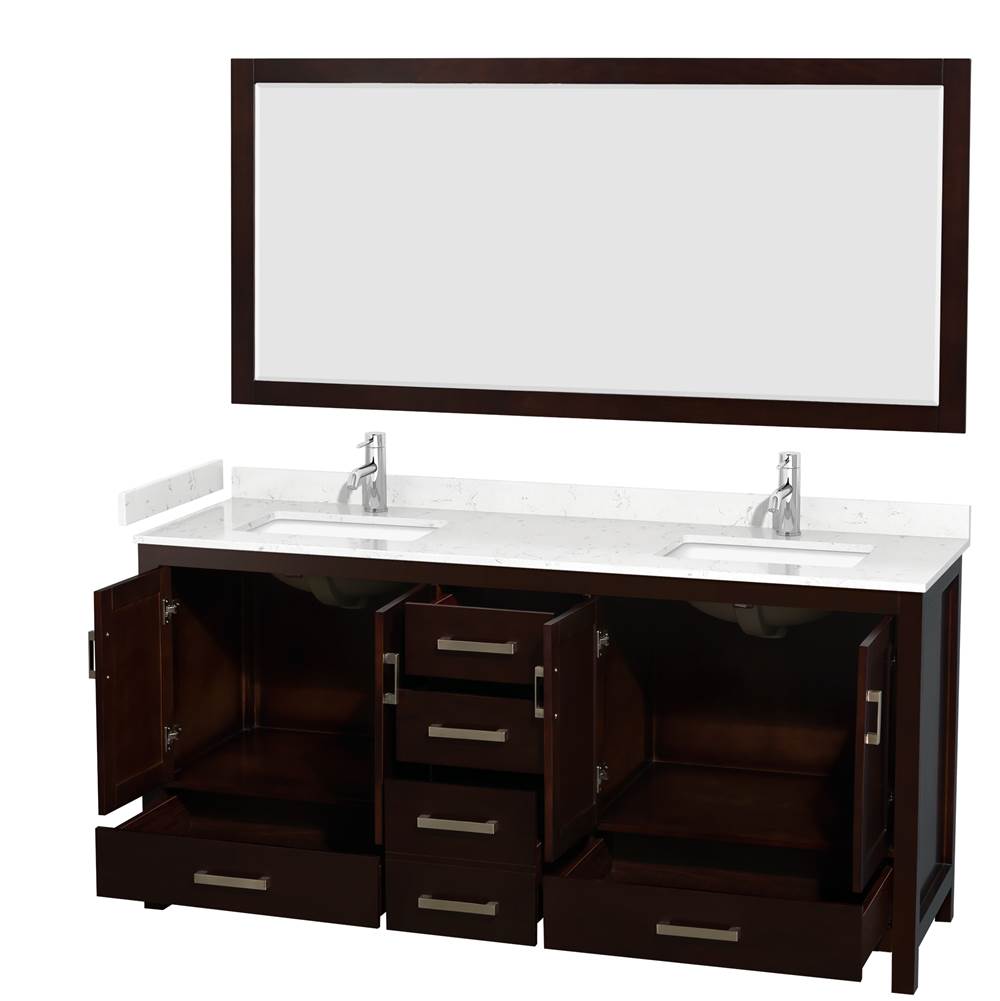 Sheffield 72 Inch Double Bathroom Vanity in Espresso, Carrara Cultured Marble Countertop, Undermount Square Sinks, 70 Inch Mirror