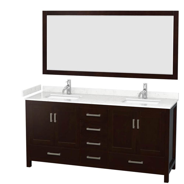 Wyndham Collection - Sheffield 72 Inch Double Bathroom Vanity in Espresso, Carrara Cultured Marble Countertop, Undermount Square Sinks, 70 Inch Mirror