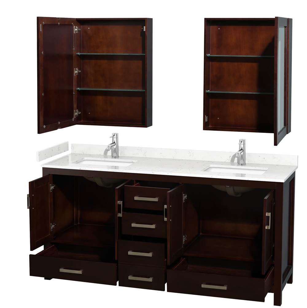 Sheffield 72 Inch Double Bathroom Vanity in Espresso, Carrara Cultured Marble Countertop, Undermount Square Sinks, Medicine Cabinets
