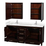 Sheffield 72 Inch Double Bathroom Vanity in Espresso, Carrara Cultured Marble Countertop, Undermount Square Sinks, Medicine Cabinets