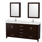 Wyndham Collection - Sheffield 72 Inch Double Bathroom Vanity in Espresso, Carrara Cultured Marble Countertop, Undermount Square Sinks, Medicine Cabinets