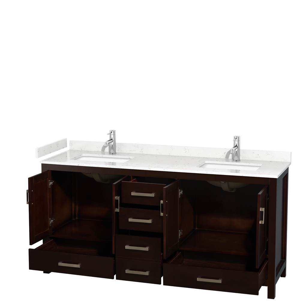 Sheffield 72 Inch Double Bathroom Vanity in Espresso, Carrara Cultured Marble Countertop, Undermount Square Sinks, No Mirror