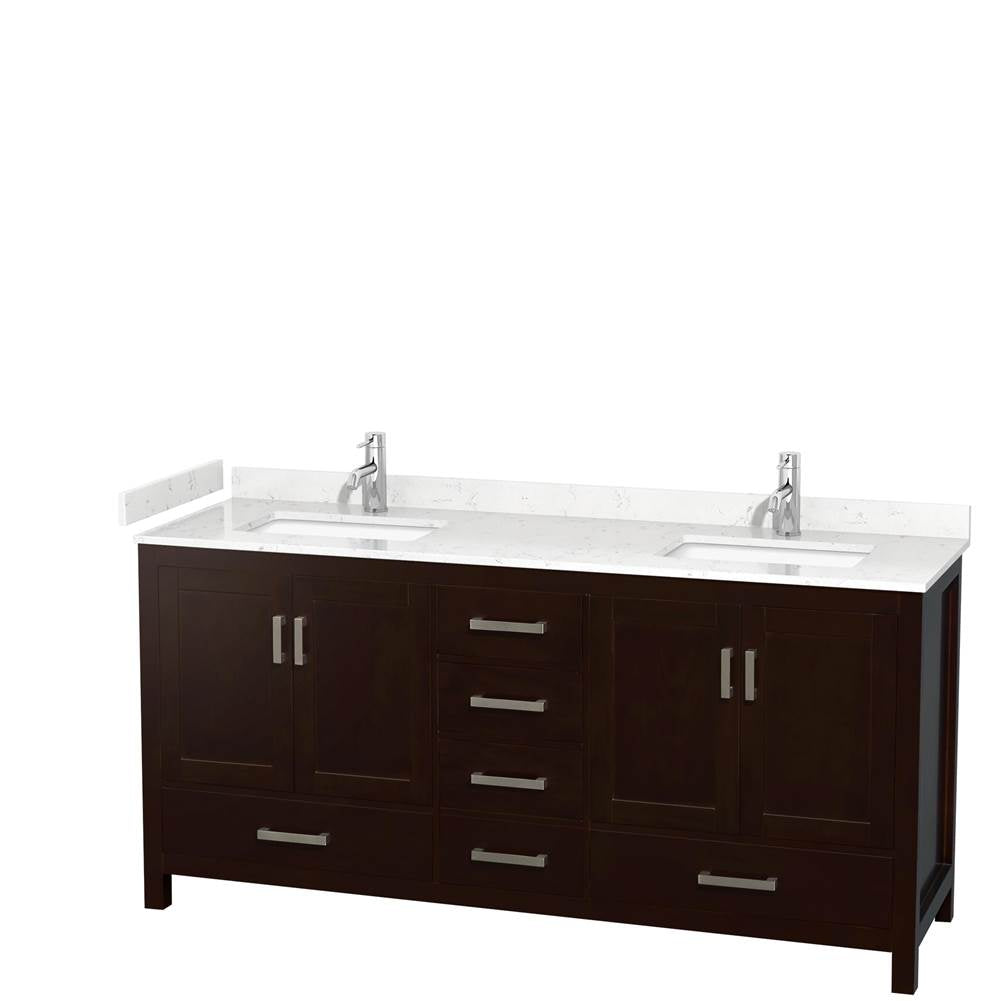 Wyndham Collection - Sheffield 72 Inch Double Bathroom Vanity in Espresso, Carrara Cultured Marble Countertop, Undermount Square Sinks, No Mirror