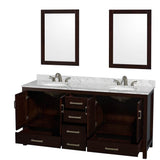 Sheffield 72 Inch Double Bathroom Vanity in Espresso, White Carrara Marble Countertop, Undermount Oval Sinks, and 24 Inch Mirrors