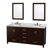 Wyndham Collection - Sheffield 72 Inch Double Bathroom Vanity in Espresso, White Carrara Marble Countertop, Undermount Oval Sinks, and 24 Inch Mirrors - Espresso