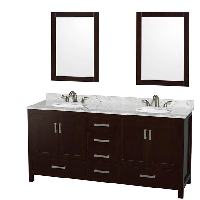 Wyndham Collection - Sheffield 72 Inch Double Bathroom Vanity in Espresso, White Carrara Marble Countertop, Undermount Oval Sinks, and 24 Inch Mirrors - Espresso