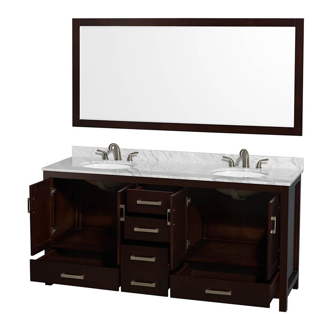 Sheffield 72 Inch Double Bathroom Vanity in Espresso, White Carrara Marble Countertop, Undermount Oval Sinks, and 70 Inch Mirror