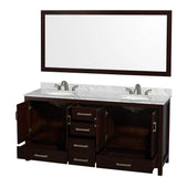 Sheffield 72 Inch Double Bathroom Vanity in Espresso, White Carrara Marble Countertop, Undermount Oval Sinks, and 70 Inch Mirror