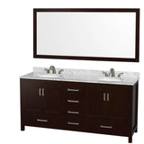Wyndham Collection - Sheffield 72 Inch Double Bathroom Vanity in Espresso, White Carrara Marble Countertop, Undermount Oval Sinks, and 70 Inch Mirror - Espresso