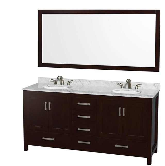 Wyndham Collection - Sheffield 72 Inch Double Bathroom Vanity in Espresso, White Carrara Marble Countertop, Undermount Oval Sinks, and 70 Inch Mirror - Espresso