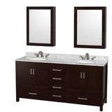 Wyndham Collection - Sheffield 72 Inch Double Bathroom Vanity in Espresso, White Carrara Marble Countertop, Undermount Oval Sinks, and Medicine Cabinets - Espresso