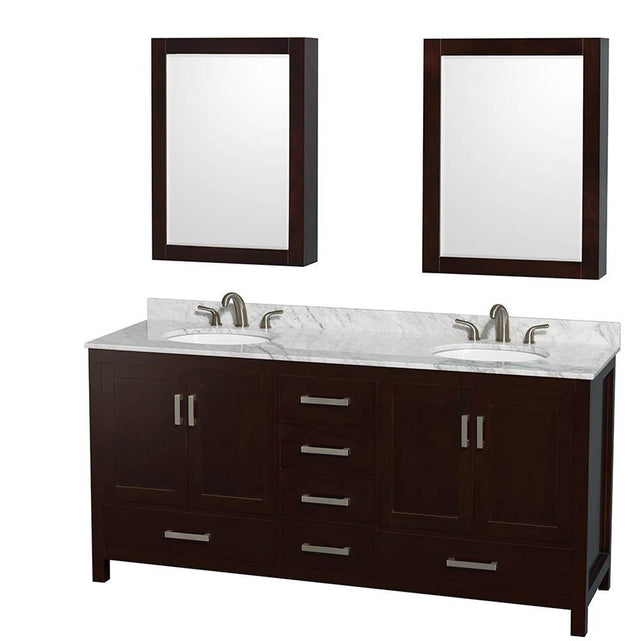 Wyndham Collection - Sheffield 72 Inch Double Bathroom Vanity in Espresso, White Carrara Marble Countertop, Undermount Oval Sinks, and Medicine Cabinets - Espresso
