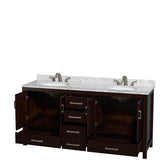 Sheffield 72 Inch Double Bathroom Vanity in Espresso, White Carrara Marble Countertop, Undermount Oval Sinks, and No Mirror
