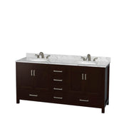 Sheffield 72 Inch Double Bathroom Vanity in Espresso, White Carrara Marble Countertop, Undermount Oval Sinks, and 24 Inch Mirrors