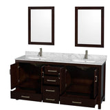 Sheffield 72 Inch Double Bathroom Vanity in Espresso, White Carrara Marble Countertop, Undermount Square Sinks, and 24 Inch Mirrors